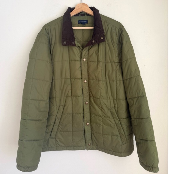 Lands’ End Quilted Insulated Barn Coat Jacket in Olive Green Corduroy Collar - Picture 2 of 7